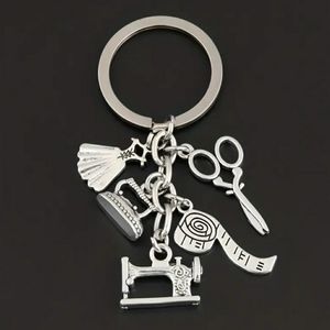 NEW Silver Sewing Machine Scissors Dress Measuring Tape Iron Keychain Key Ring
